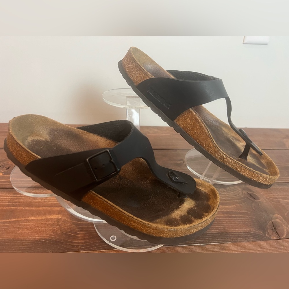 Birkenstock Arizona Giselle T strap sandals size 40 BLACK leather Footbed